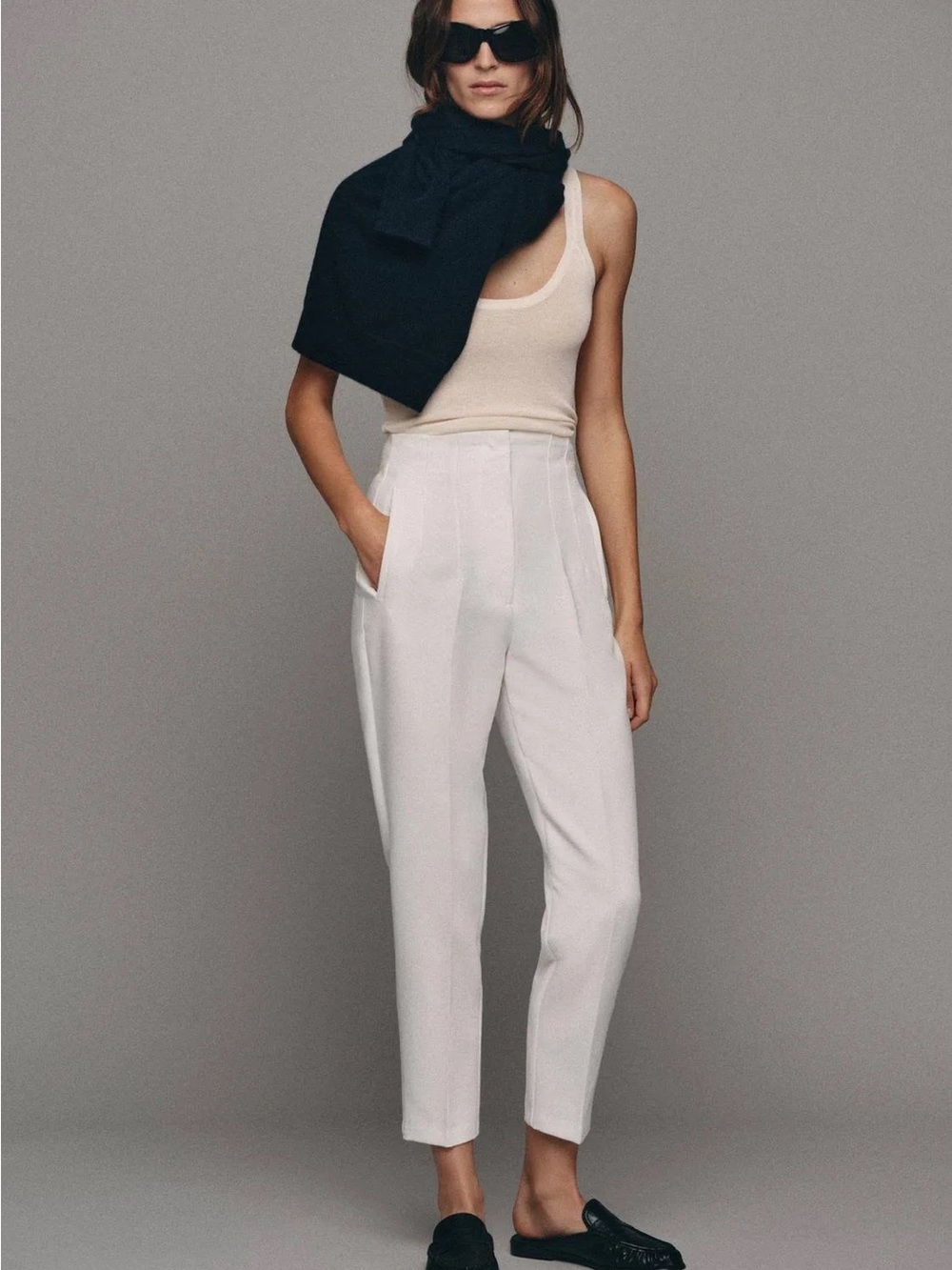 Zara White High-Waist Tapered Trousers